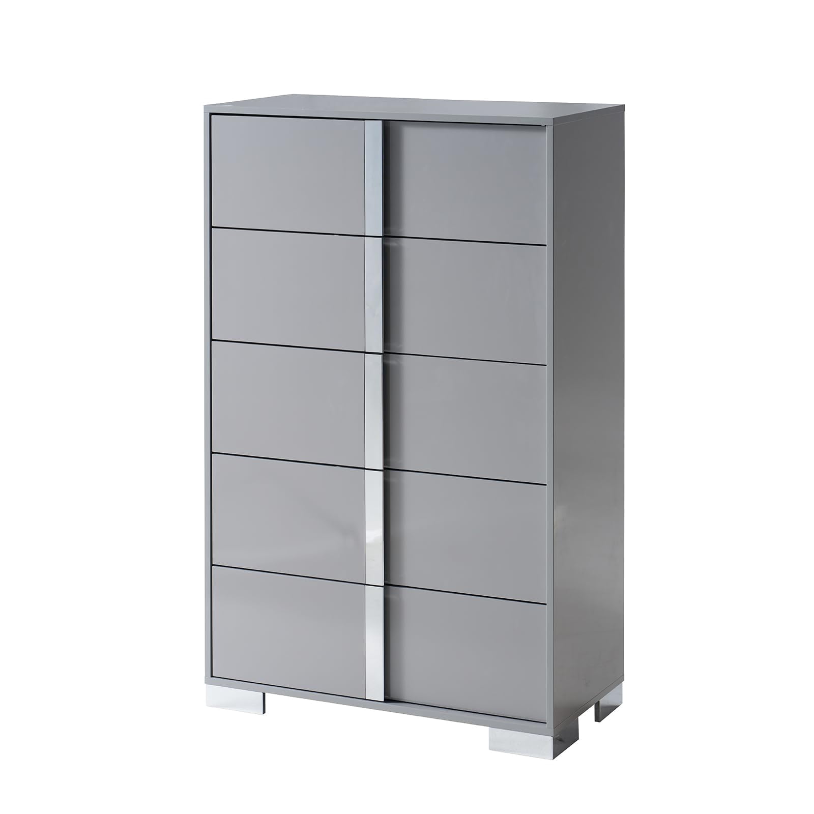 Merluxy 50.2" H Modern 5 Drawer Dresser, Glossy Surface Chest of Drawers, Large Storage Organizer for Bedroom, Living Room, Adult, Light Grey