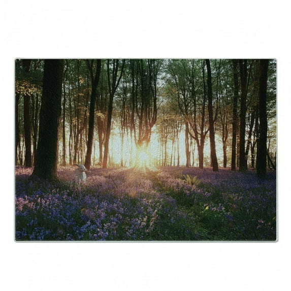 Forest Cutting Board, Bluebell Woods Sunrise with White Rabbit Sunny Spring Day in Woodland, Decorative Tempered Glass Cutting and Serving Board, Small Size, Purple Green, by Ambesonne