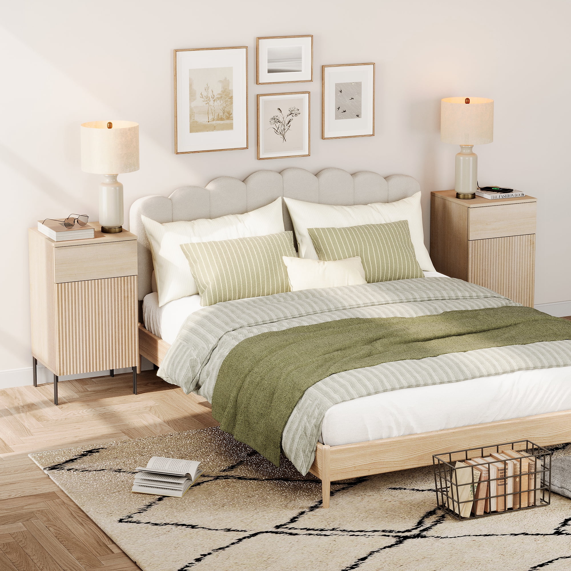4 Pcs Bedroom Set，Reeded Dresser and Nightstand Sets for Bedroom, Wooden Dresser Set with Doors, Night Stand of 2 with Charging Station