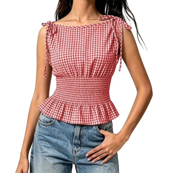 Wang6 Women's Plaid Printed Tank Tops Causal Sleeveless Smocked Waist Tops Lace up Strap Tshirts Ladies Summer Going out Tees Top 0617liRD2 XS