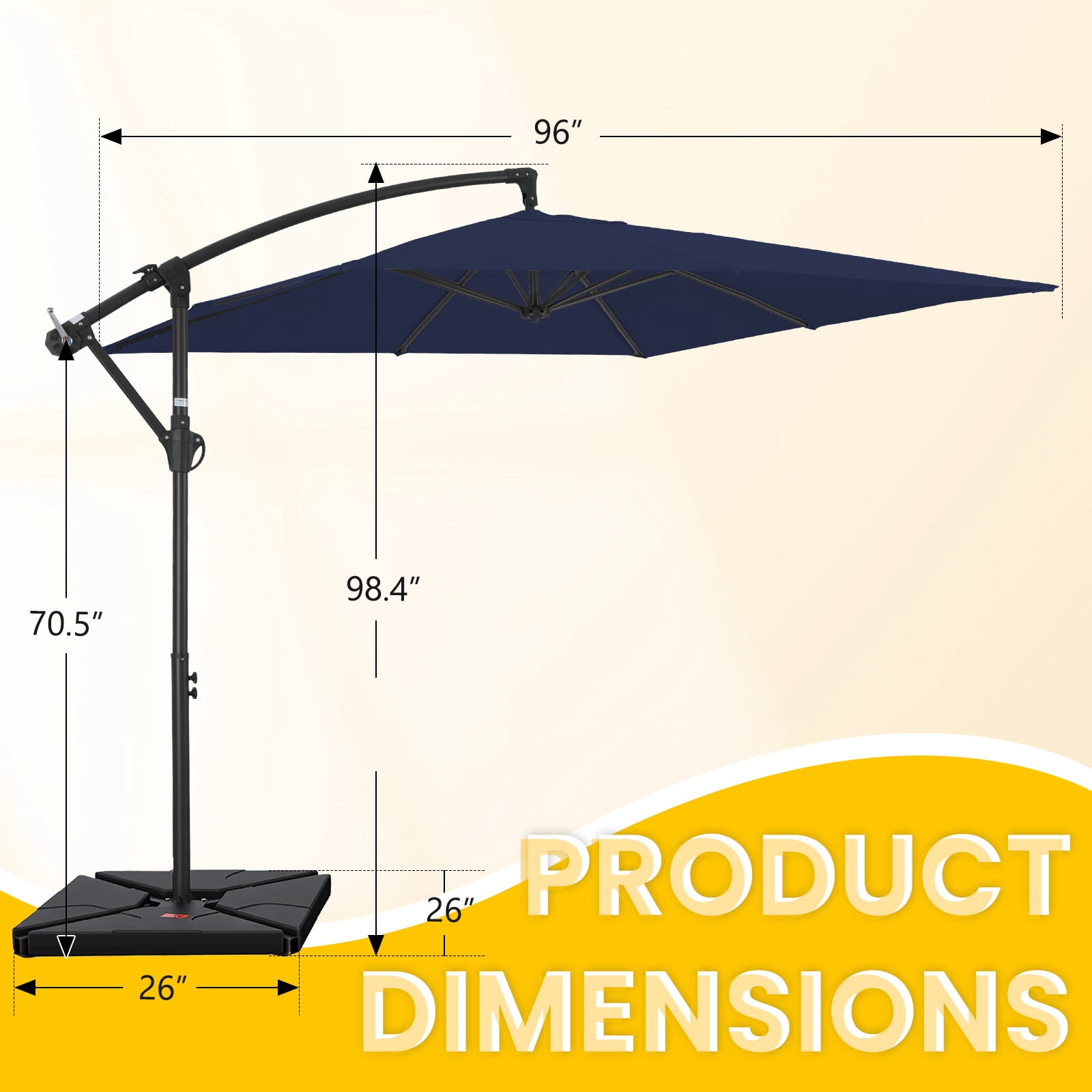 FUNDAZE 8x8ft Hanging Cantilever Patio Umbrella with Base, Square Outdoor Sun Shade with Crank & Tilt for Garden, Backyard, Deck,Navy Blue