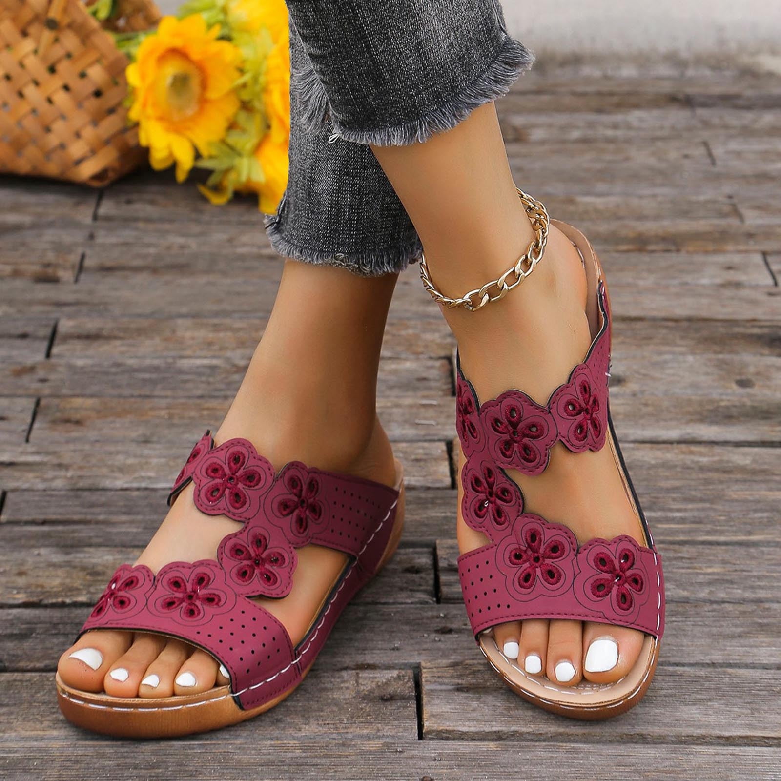 Clearance Summer New Foreign Trade Large Size Wedge Fish Mouth Solid Color Large Size One Line Outside To Wear Beach Sandals Pallet Sales Clearace Sale 95 Walmart