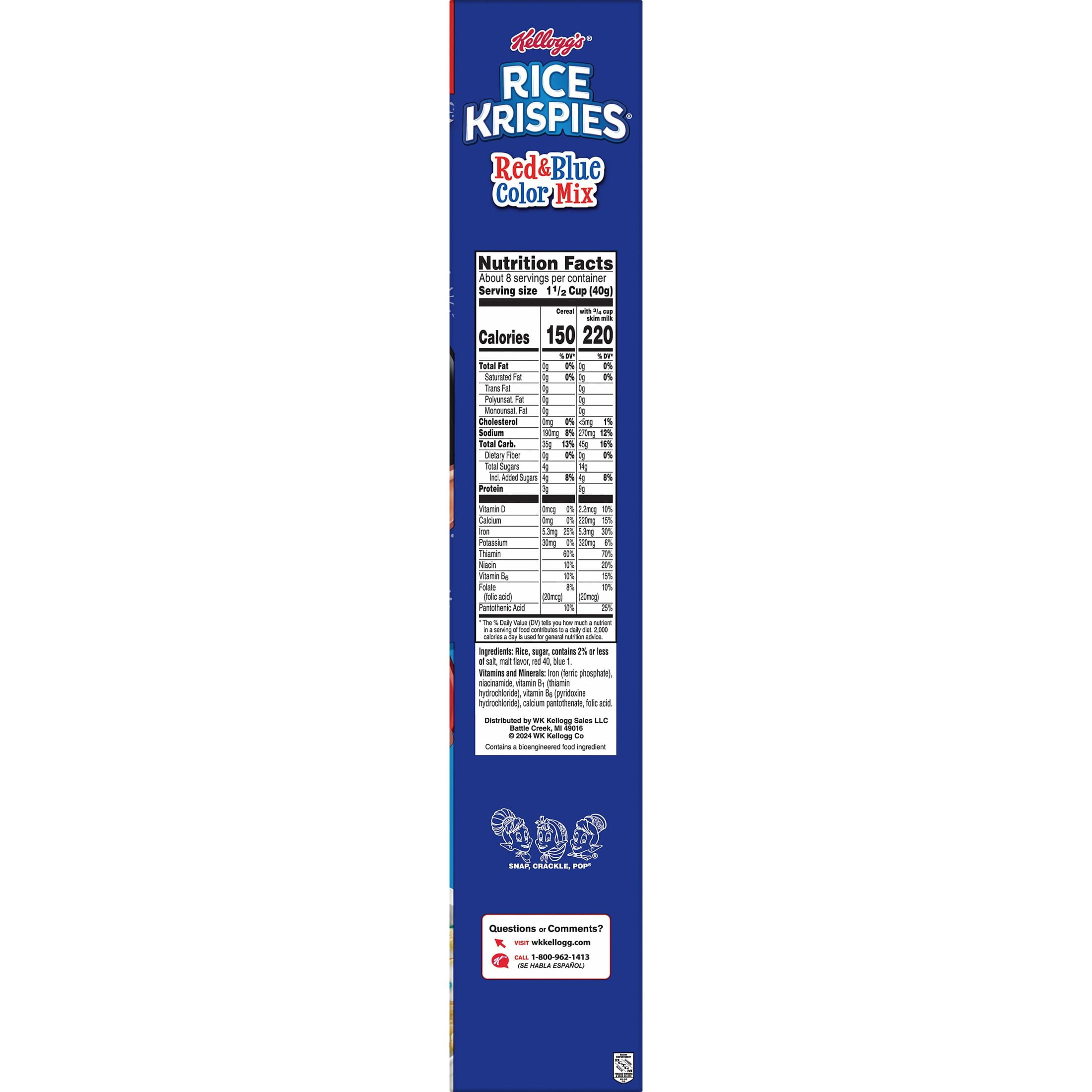 Kellogg's Rice Krispies Breakfast Cereal, Summer Snacks, Family Breakfast, Family Size, Red and Blue Color Mix, 12oz Box (1 Box)