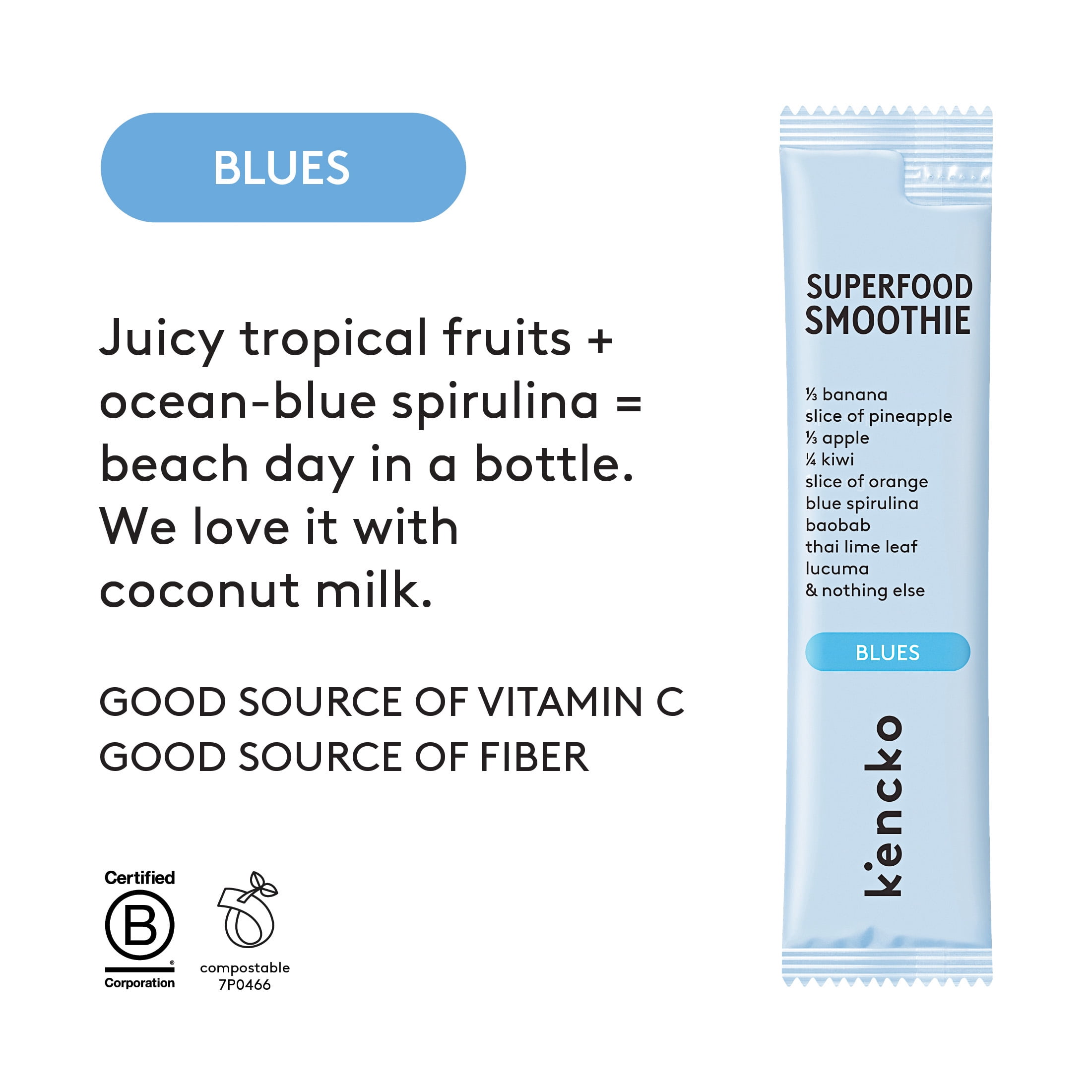 Kencko Blues Instant Superfood Fruit & Veggie Smoothies, .63 oz, 4 Pack
