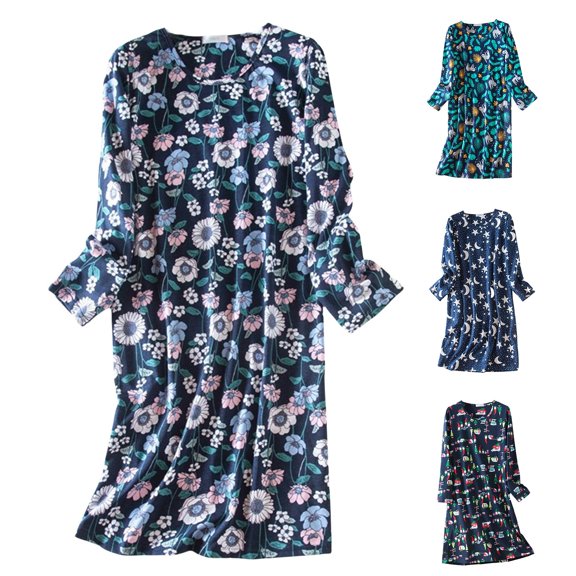 SAZBJOJN Cute Nightgowns for Women Cartoon Print Long Sleeve Nightgown Crew Neck Cotton Sleep Dress Soft Loose Loungewear Nightshirt for Sleeping Home Wear M Purple