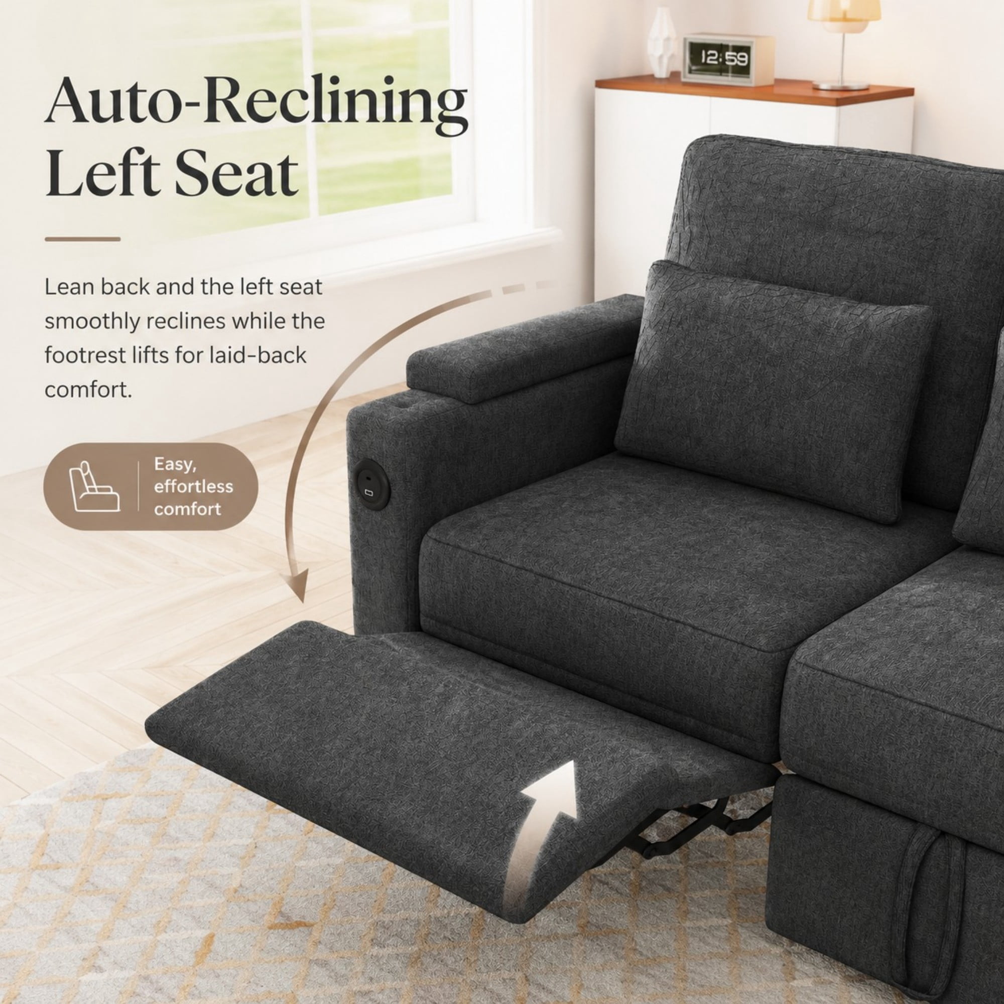DEALTOPS 81" Chenille Pull-Out Sleeper Sofa Bed with Recliner, Tray Table, USB Ports & Storage, Dark Gray
