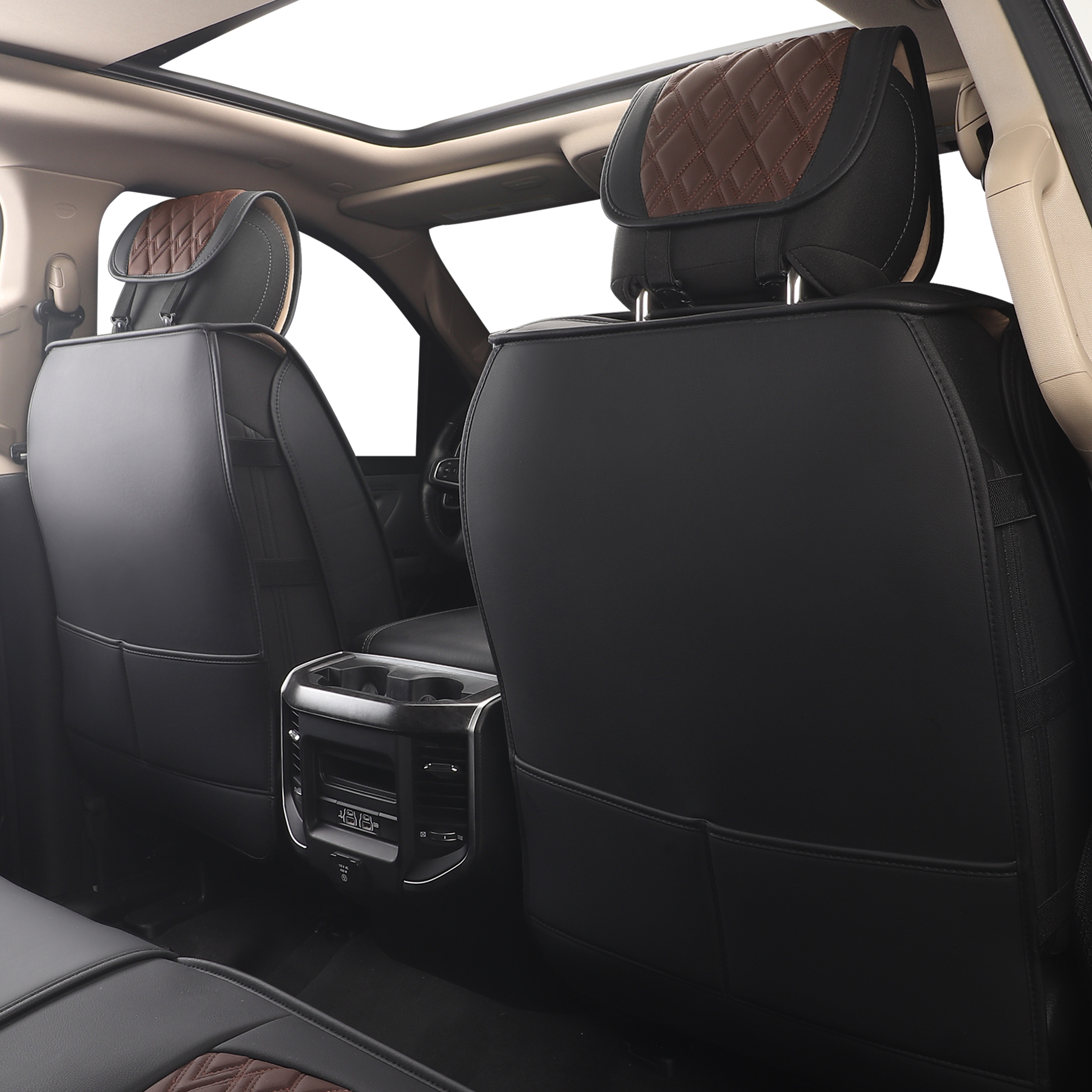 JOJOBAY Car Seat Covers for Dodge Ram 2 Pcs Front,Fit Ram 2009-2026 1500/2500/3500 Pick-up Truck,Crew,Regular,Quad,Mega Cab,Waterproof Leather Seat Covers Protectors（2PCS Front,Black-Brown）