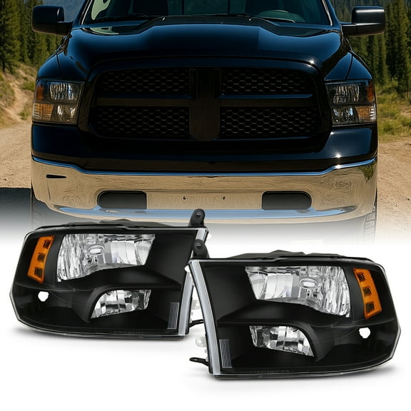 AKKON - For [Quad Style] 2009-2018 Dodge Ram 1500 | 10-18 Ram 2500/3500 Black Headlight Driver   Passenger Side