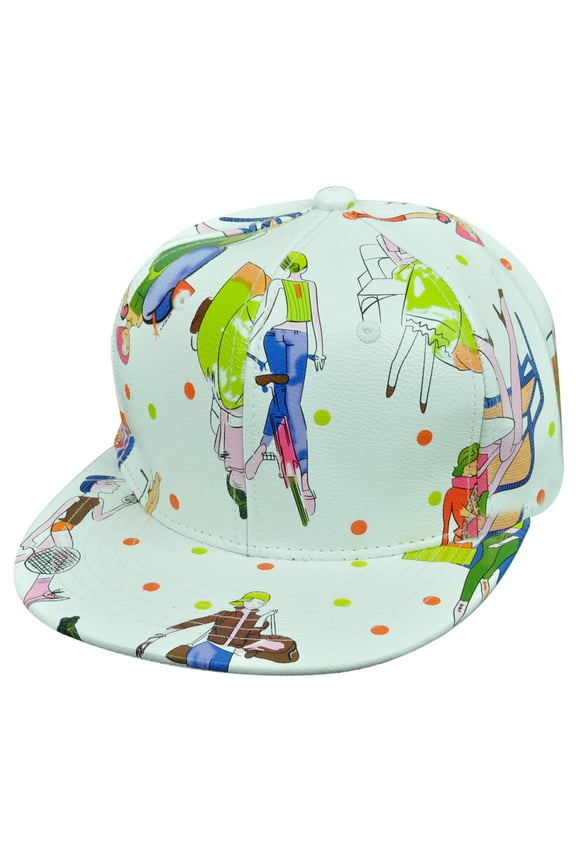 White Faux Leather Women Fashion Drawing Style Flat Bill Snapback Hat Cap Dots