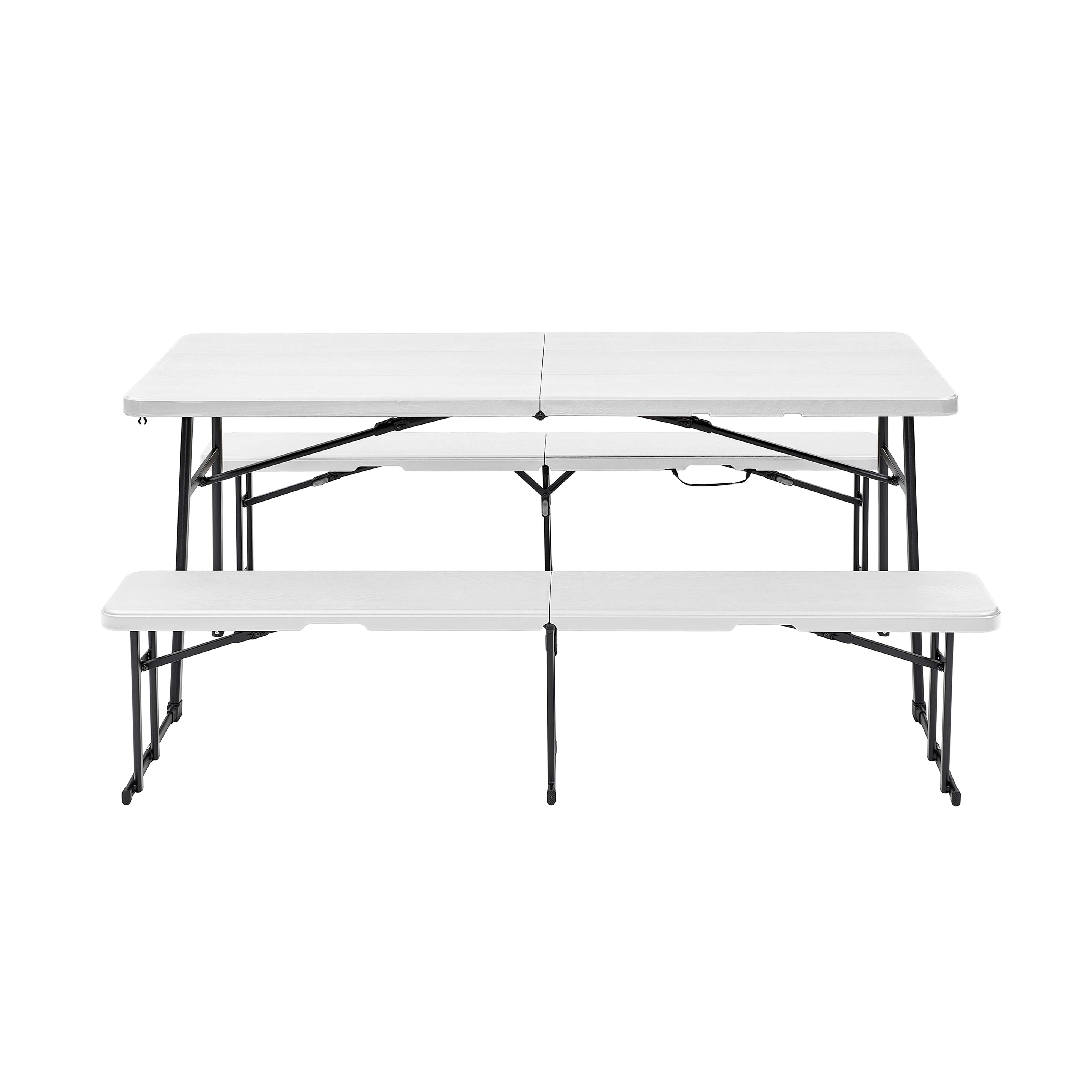 Living and More 3-Piece Picnic Table Set, 6 Foot Polyethylene Folding Table with 2 Folding Benches, Weather Resistant, Indoor Outdoor, White Wood Finish with Black Legs