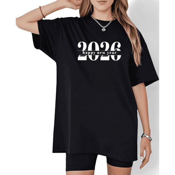Modern New Year 2026 Print Tshirt Black Graphic Tees T-shirt Bold Number Shirts Party S-5XL Tops