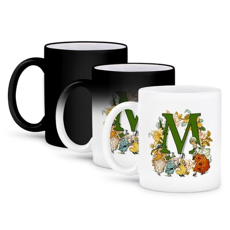 3dRose, Beautiful Vintage Victorian Kate Greenaway Monogram Letter M, 11oz Magic Transforming Mug