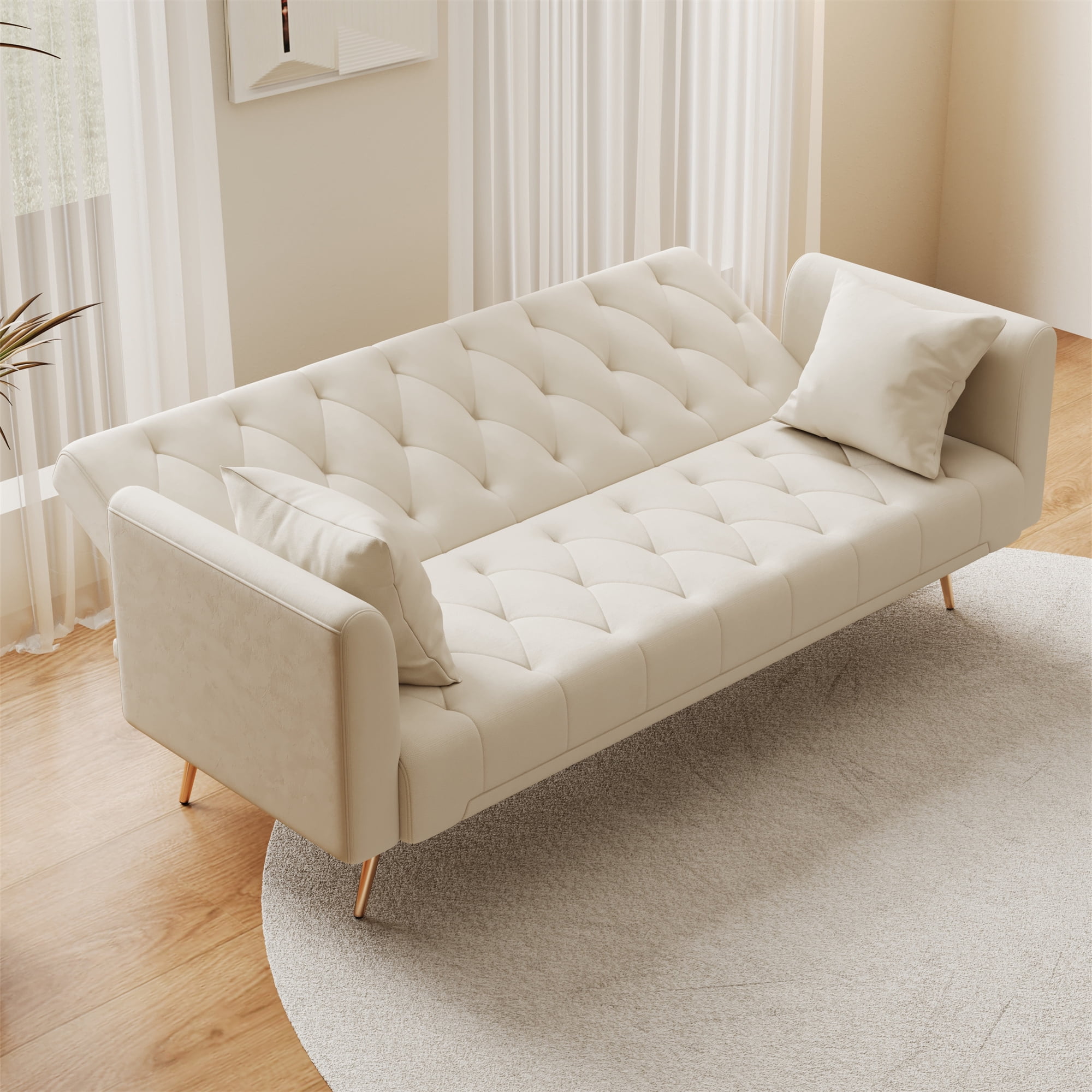 Aukfa Curved Arm Futon Convertible Sofa Bed for Home Office, 2 Pillows, Tufted Back, Velvet, Beige