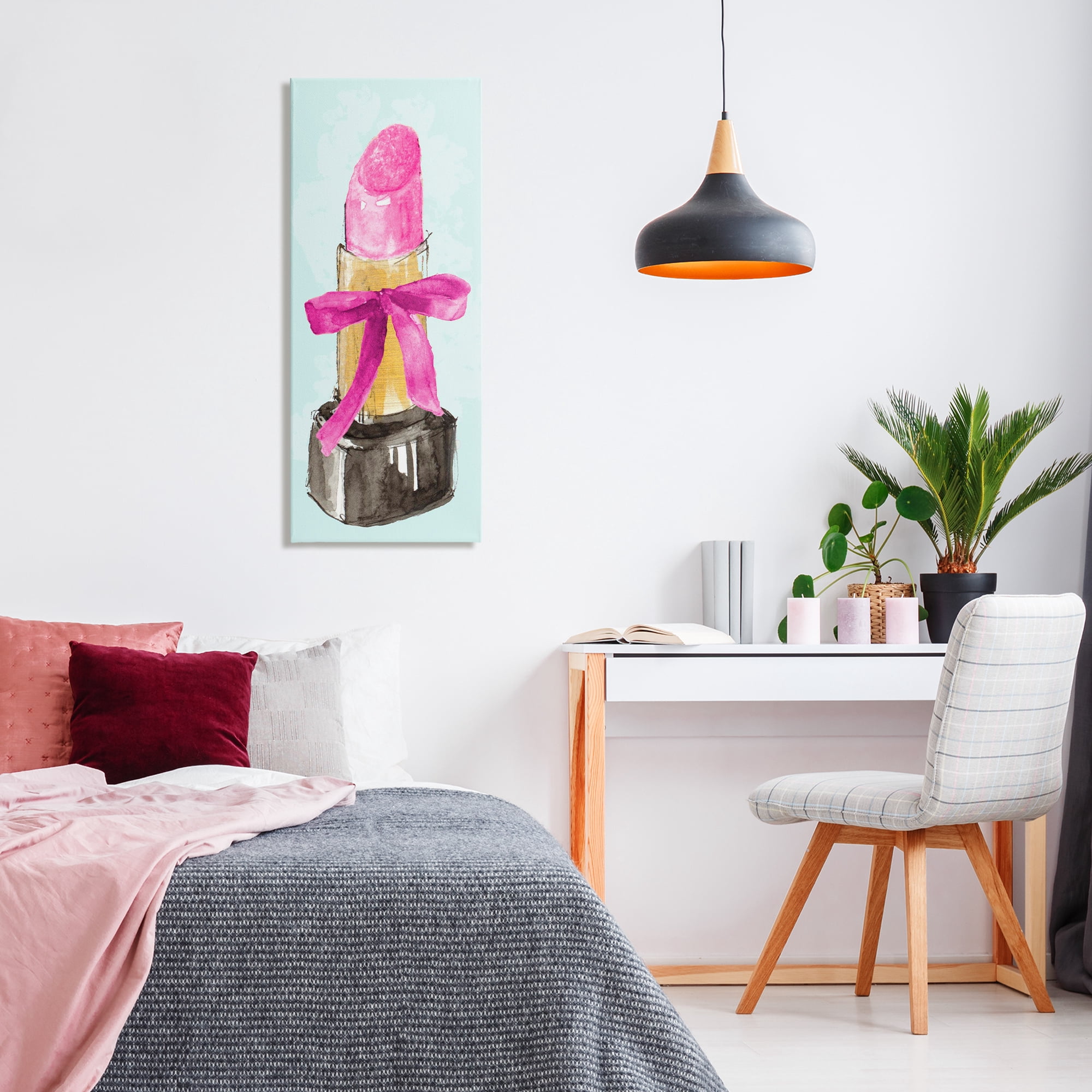Stupell Industries Lipstick & Pink Bow Fashion Painting Wrapped Canvas Art Print Wall Art, 17 x 40