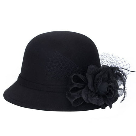 Brimmed Cloche - Women's Round Cloche Hat Short Brim Wool Bucket Hat Bowler Cap with Veil and Flower