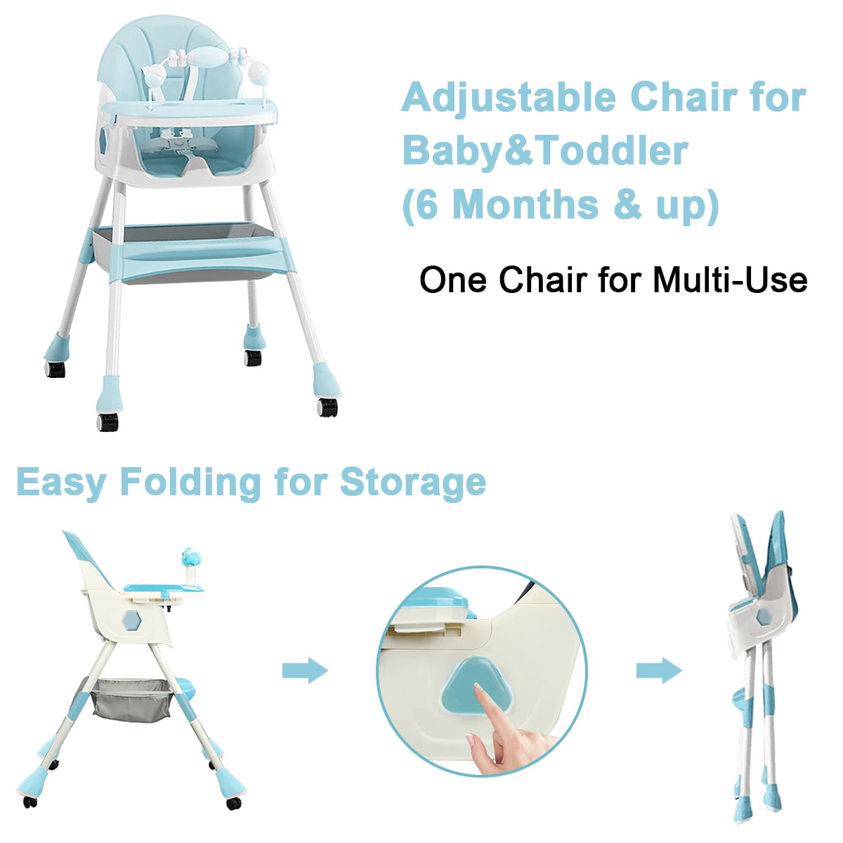 Liyufly 4-in-1 Baby High Chair Portable Baby Toddler Dining Chairs Eat & Play Convertible High Chair with 5-Point Harness, Dinner Plate and Toy Rack, Dark Blue