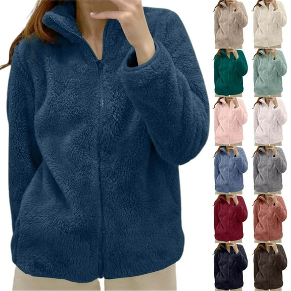 larppty Women's Autumn Winter Casual Solid Color Long Plush Polar Fleece Jacket - Warm Zipper Coat with Pockets（Pink，XXL）