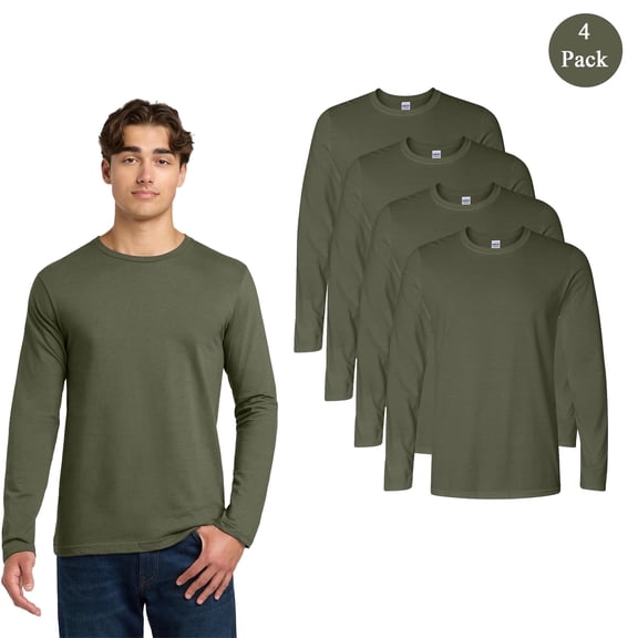 Gildan Men's Softstyle Long Sleeve T-Shirt, Crew Neck Classic Fit Tee, Military Green, 4-Pack, S