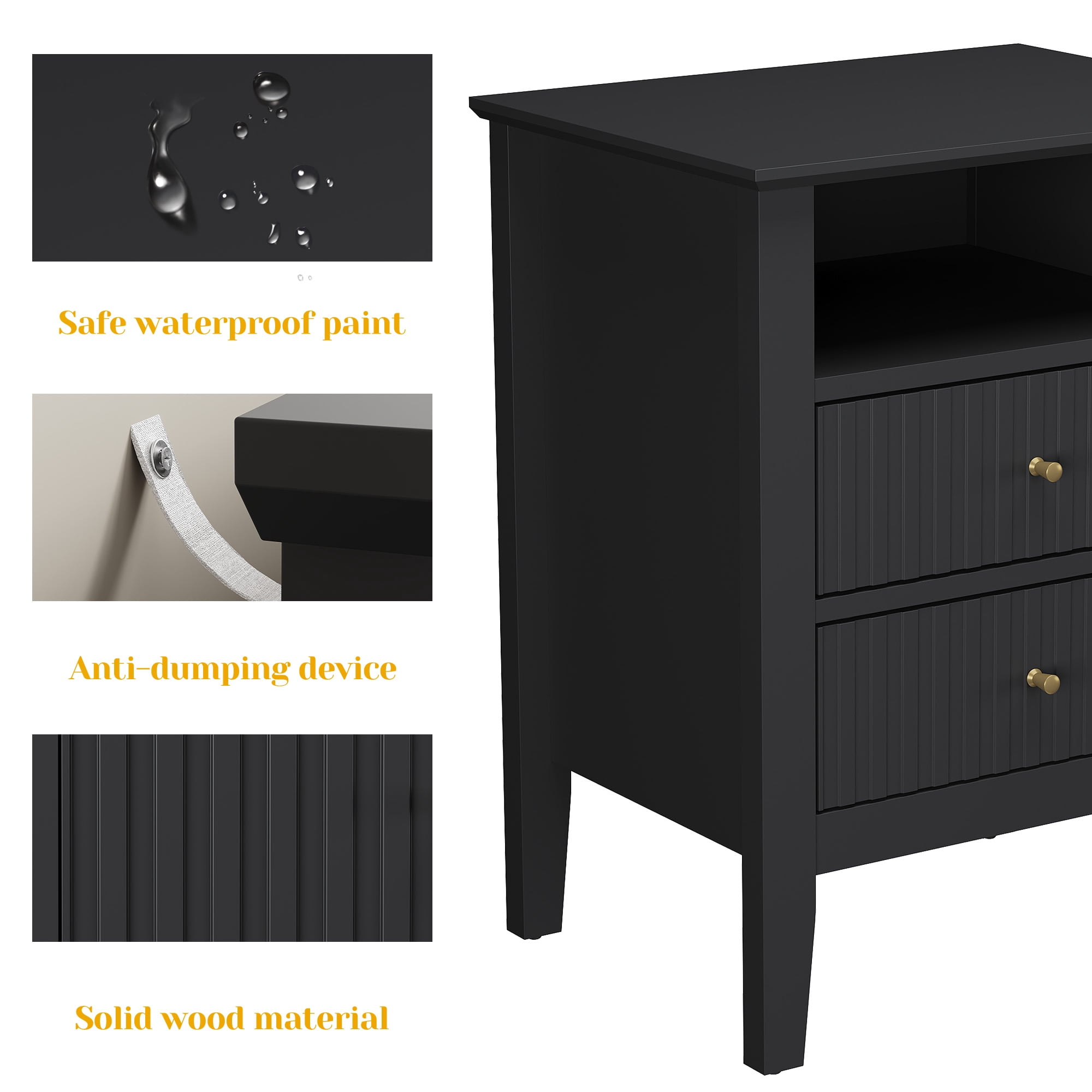 CozyHome Fluted Nightstand Set of 2, Modern Side Table with 2 Drawers and Storage Shelf, for Bedroom, Living Room, Black