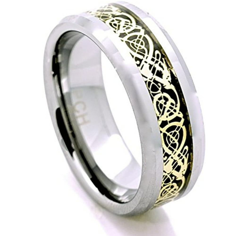 PCH Rings - Celtic Men's Tungsten Ring Golden Dragon Wedding Band 8MM ...