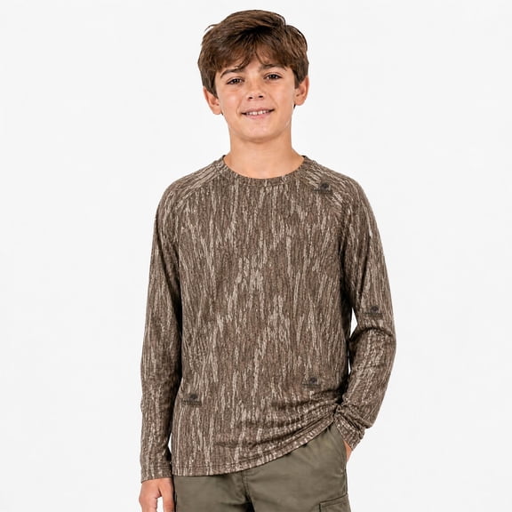 Mossy Oak Youth Long Sleeve Camouflage Hunting Performance Shirt, Mossy Oak Bottomland, M