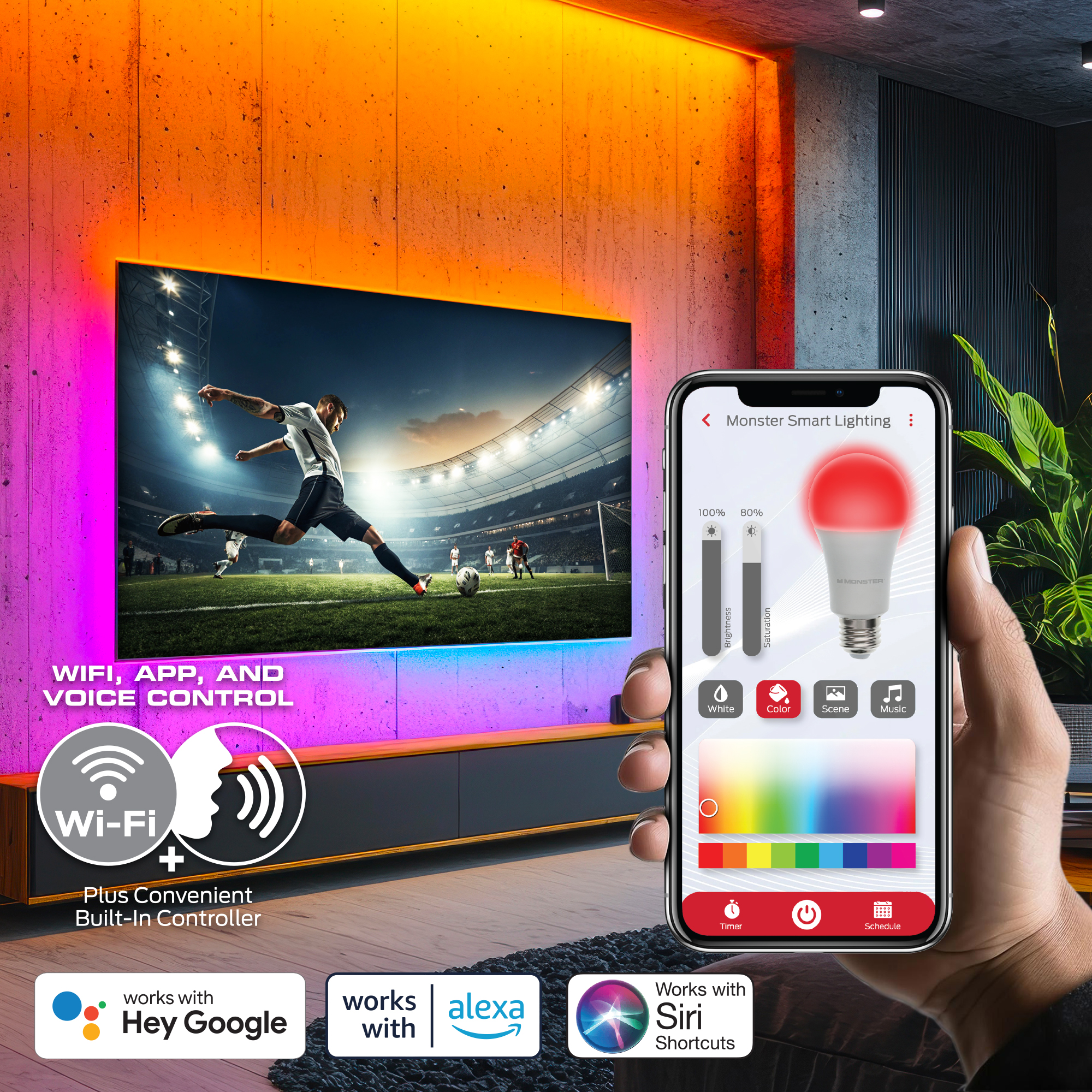 Monster Smart Indoor 50 ft Sound Reactive LED Strip Lights, Multicolor photo 5