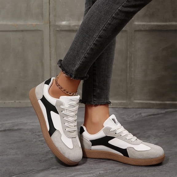 KEVCHE Gum Sole Sneakers For Women Classic Retro, Retro Color Block Shoes Casual Tennis Style, Leather Walking Footwear Anti Slip Comfort, Flat Skate Trainers For Daily Sport
