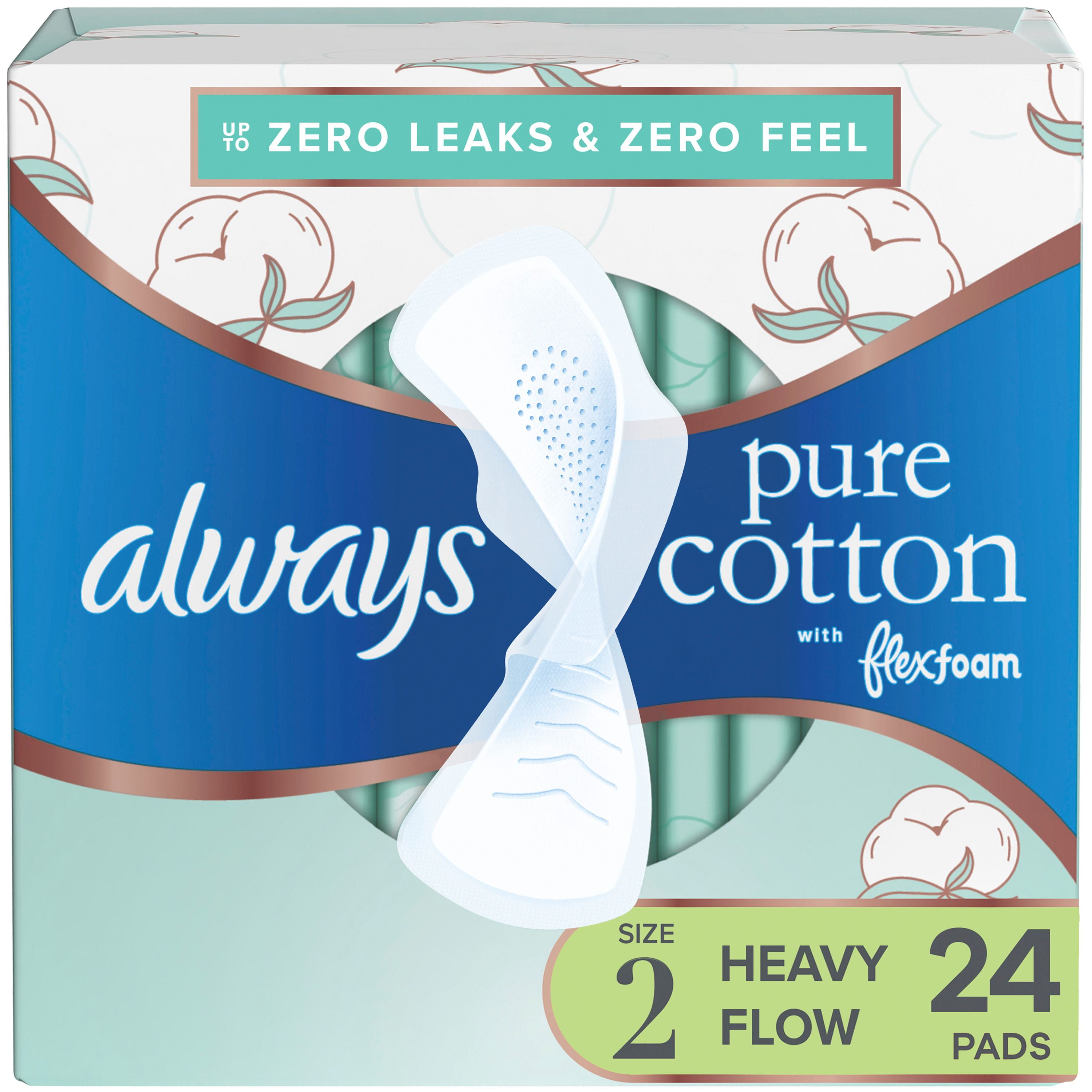 Serviettes féminines Always Pur coton pour femmes, serviettes avec ailes Flexfoam, taille2, degré d’absorption abondant, non parfumées, 24serviettes 24CT