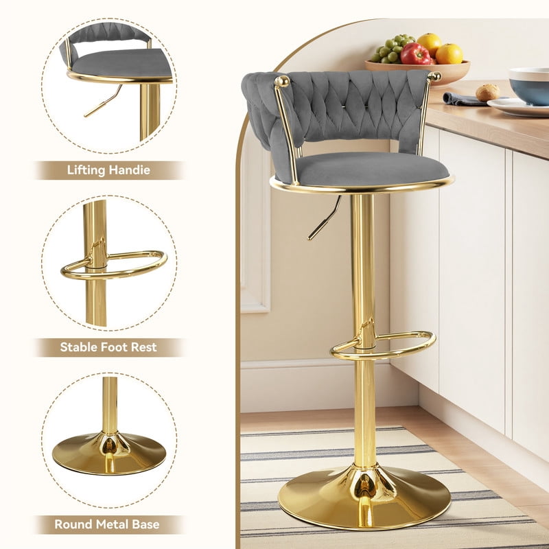 Hawsaiy Modern Velvet Bar Stools Set of 4, Adjustable Height Woven Back Bar Chairs with Footrest and Swivel for Kitchen Island & Dining Room, Dark Gray