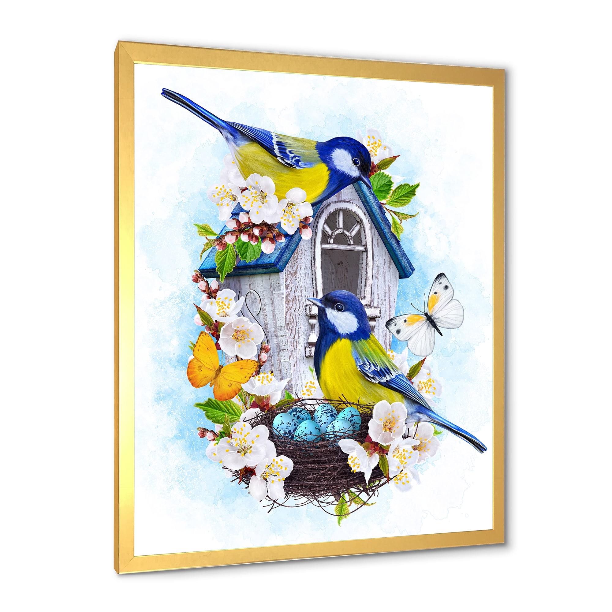 Designart 'Two Tit Birds Sitting Near The Nest With Eggs and White Flowers I' Traditional Framed Art Print