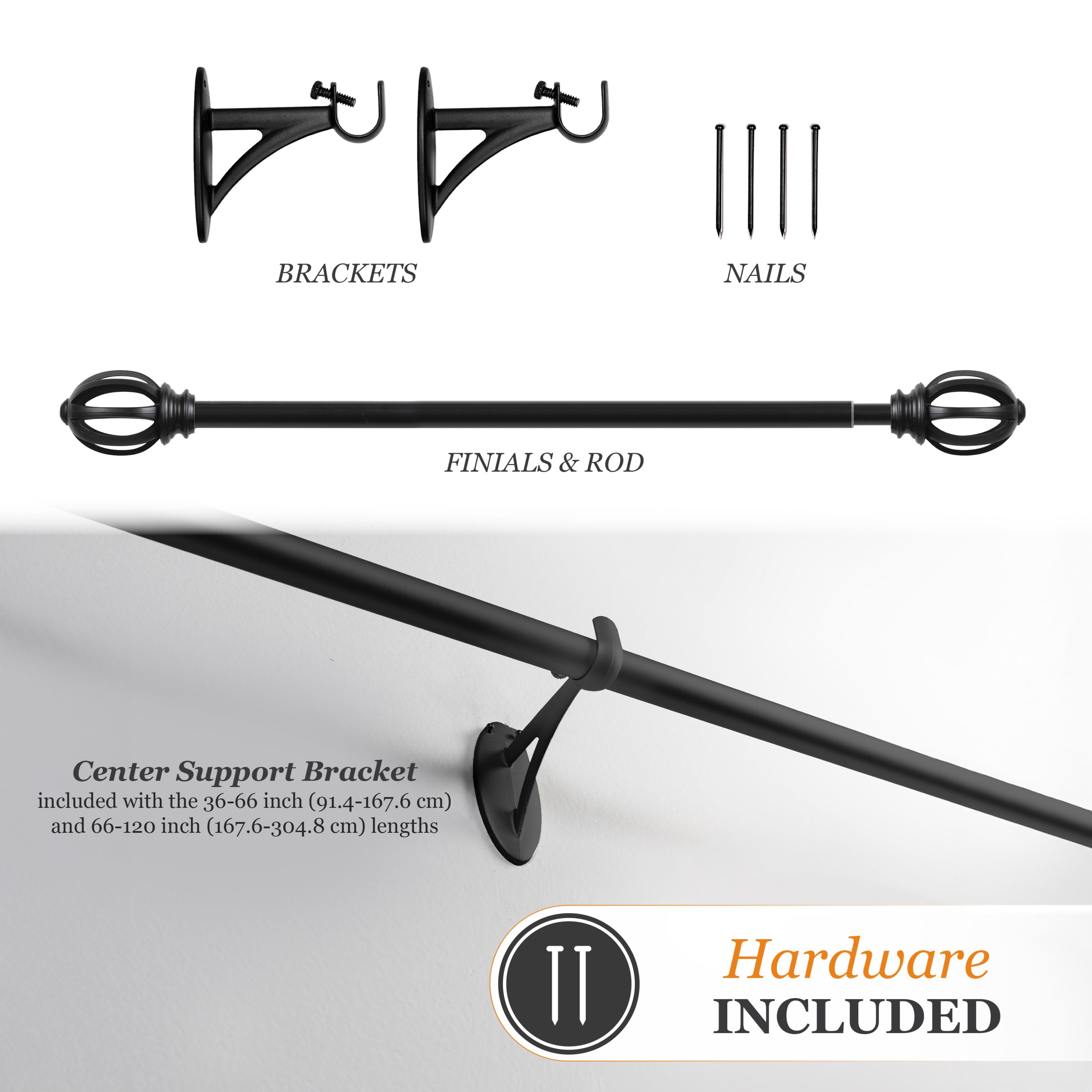 Kenney Lilly Cage 5/8" Fast Fit, Easy Install Decorative Window Curtain Rod, 66-120", Black