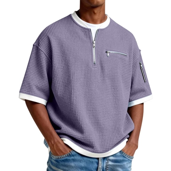 Curuila Mens T Shirt Short Sleeve Color Block Crew Neck Zipper Tee Summer Fashionable Casual Basic Shirts Purple Size 2Xl