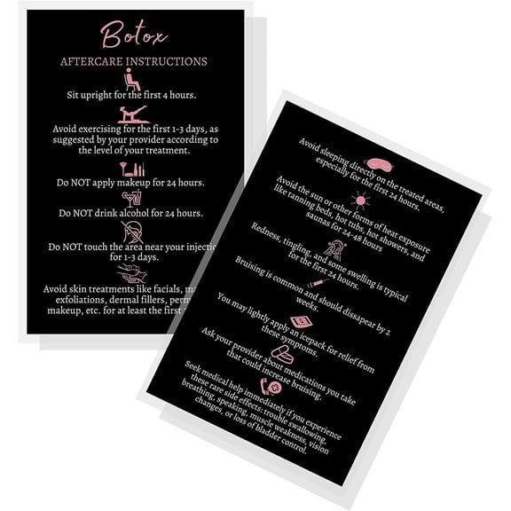 Botox Filler Injection Aftercare Instruction Card  30 Pack  Physical Printed 4x6 inches Postcard Size  Black with Rosey Pink