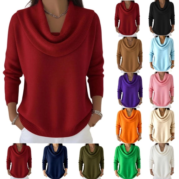thefmos Women Plus Size Fall Winter Long Sleeve Knitted Pullover Tops Warm Sweater Casual Solid Basic Blouses Cozy Layering Fashion Clothes, Red S
