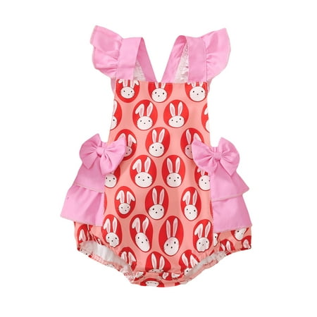 

Gwiyeopda Newborn Baby Girl Easter Suspender Romper Bunny Print Lace Fly Sleeves Jumpsuit Bodysuit
