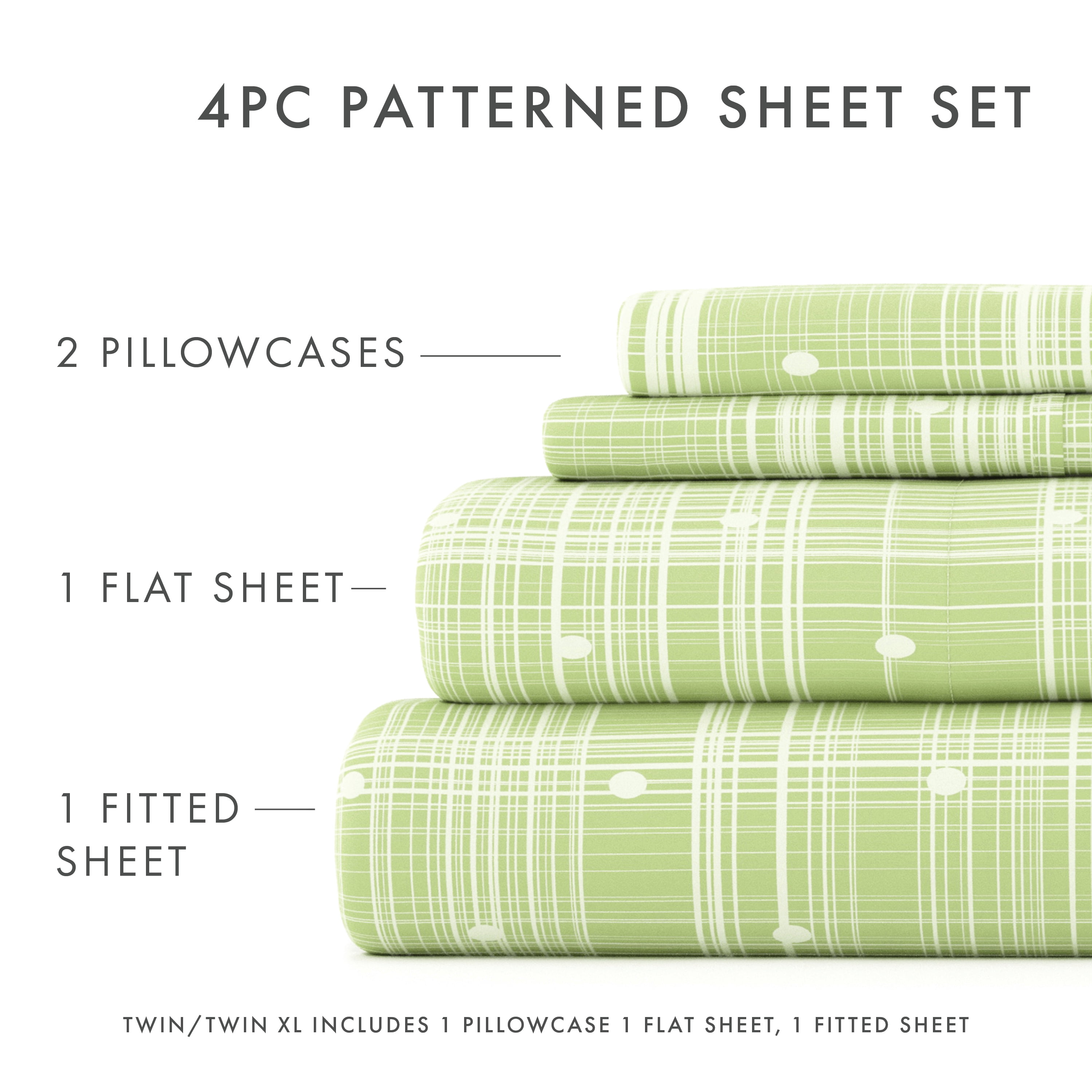 Noble Linens 4 Piece Pattern Microfiber Bed Sheets Set, Moss Polka Dot, Queen