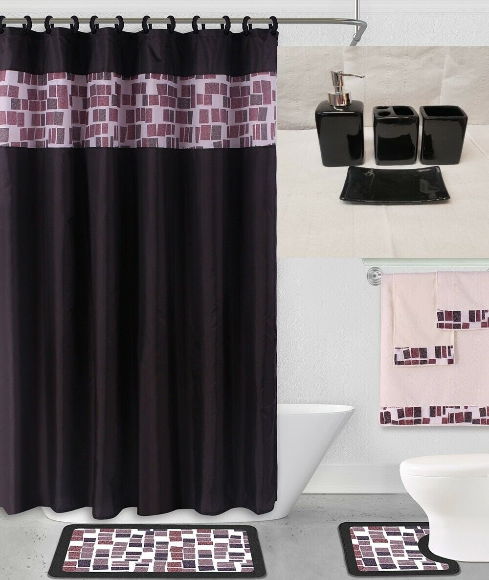 Black Cream Embroidery Shower Curtain 12 Matching Rings Bathroom Shower Liner 
