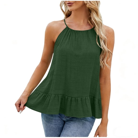 Fewfanhot Tank Tops for Women Crewneck Spaghetti Strap Pleated Ruffle Hem Sleeveless Cami Tank Peplum Top