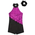 thumbnail image 5 of Doomiva Kids Girls Sleeveless Mock Neck Sequins Latin Jazz Ballet Dance Jumpsuit Biketard Unitard and Hair Scrunchies Hot Pink&Black 6, 5 of 7