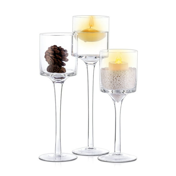 Nuptio Glass Hurricane Candle Holder Set of 3 Clear Long Stemmed