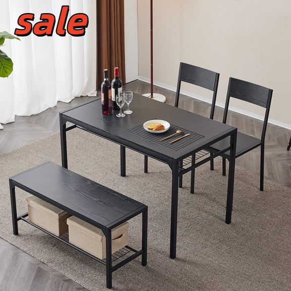 Hassch Set of 4 Dining Table Chairs, Kitchen Table with Bench and 2 Chairs, Breakfast Table Set with Storage Rack & Metal Frame for Small Space, Black
