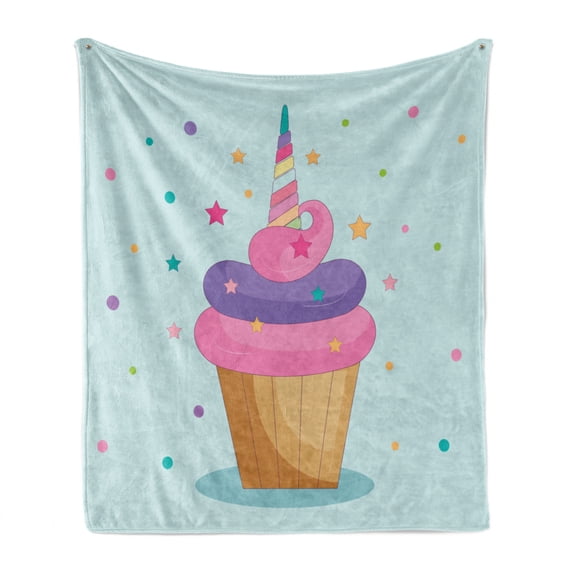 Cupcake Soft Flannel Fleece Throw Blanket, Unicorn Cake with Fairy Rainbow Horn over It with Stars and Dots Girls Fantasy, Cozy Plush for Indoor and Outdoor Use, 50" x 70", Multicolor, by Ambesonne