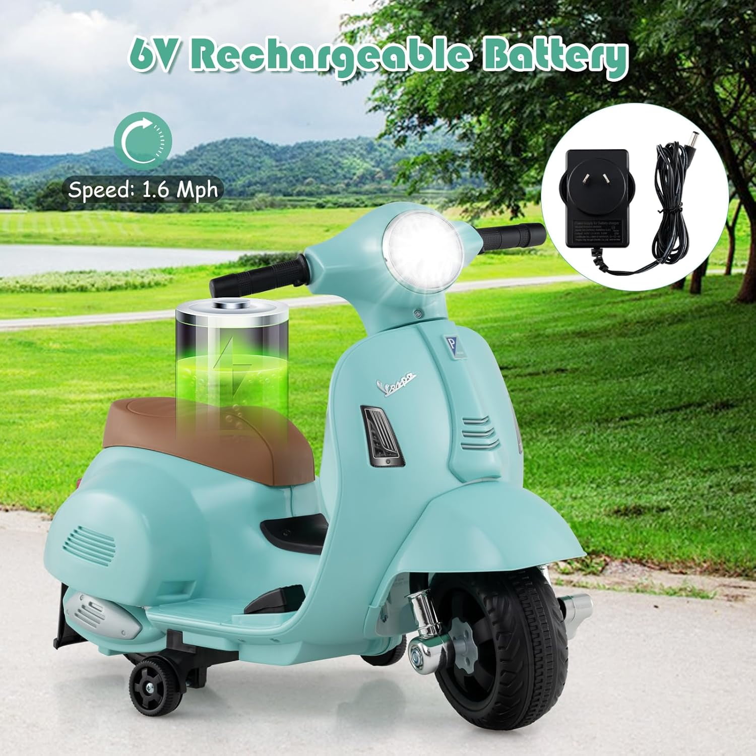 Licensed Vespa Kids Motorcycle by OLAKIDS, 6V Battery Powered Motorbike for Toddlers with Training Wheels, Horn, LED Lights, Electric Ride on Toys for Boys Girls Aged 18-36 Months