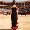 thumbnail image 5 of Kids Girls Dance Dress Spanish Short Sleeve Color Block Ruffles Tiered Irregular Hem Dresses For Stage Performance,Black,L, 5 of 5
