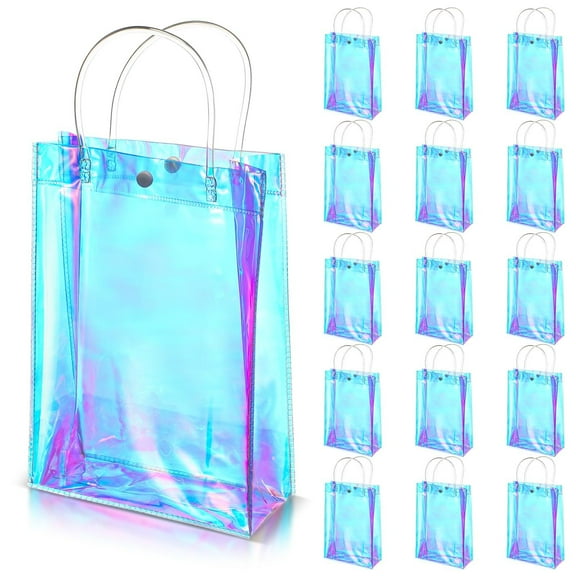 Holographic Small Reusable Iridescent Clear Gift Bag PVC Plastic Goodie Holder with Handles for Shopping Christmas Holiday Gift Party Favor (10.24" x 3.15" x 7.09", Rainbow)