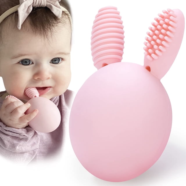 Sonajero para bebés con forma de conejito con forma de huevo para dentición, color rosa
