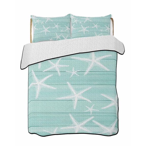 Quilts Twin-XL Size Bedding Set, Teal Starfish Coastal Lightweight Quilted Comforter, Summer Beach Nautical Ocean Wooden Reversible Bedspread Coverlet with Pillow Covers for All Season, 68" x 98"