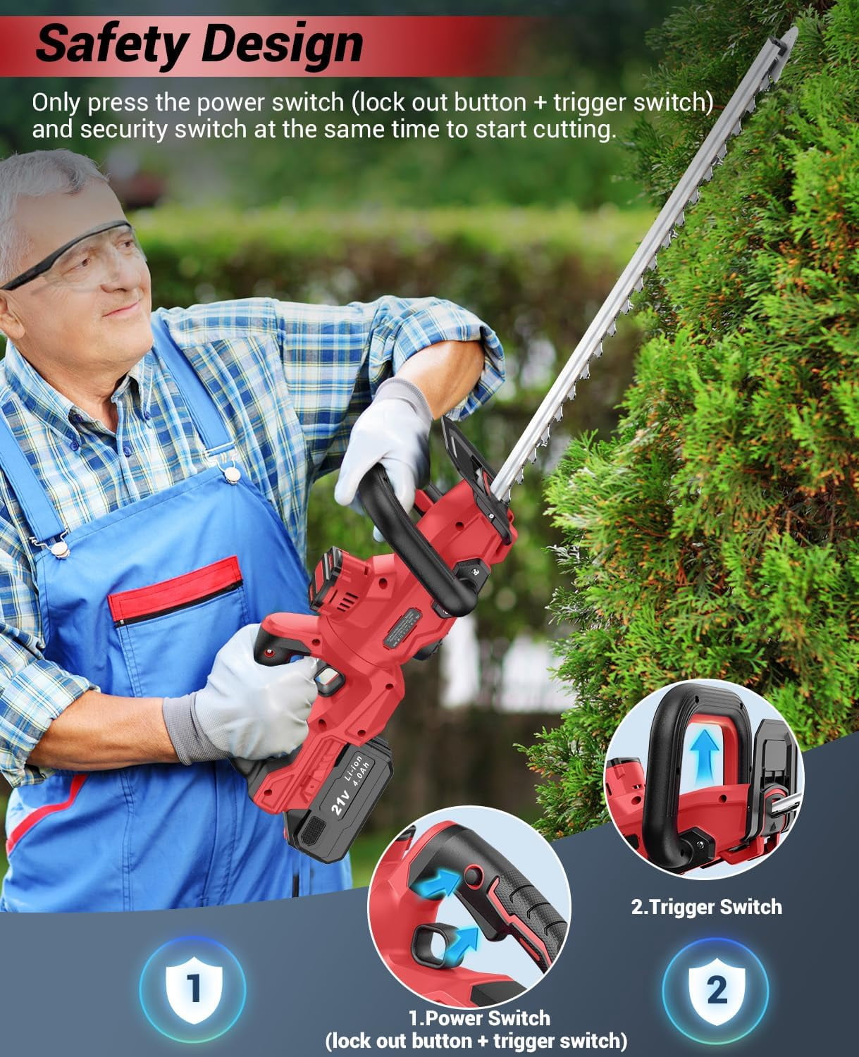 Cordless Hedge Trimmer 21V with 4000mAh Battery, 14 Inch Dual-Action Blades for Hedges and Shrubs