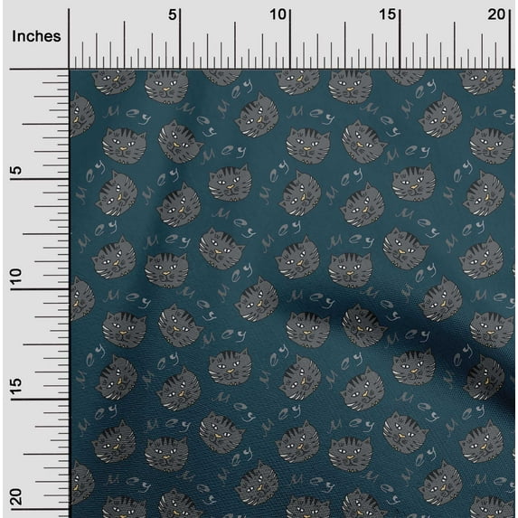 oneOone Cotton Poplin Twill Teal Blue Fabric Cat Face Animal Sewing Material Print Fabric By The Yard 56 Inch Wide