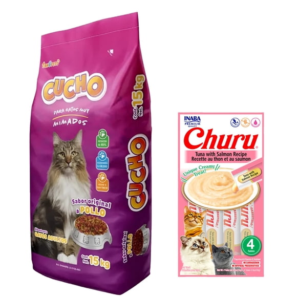 Cucho 15 Kg + Churu Snack Salmon y Atun 14 g (4 Pzas.)